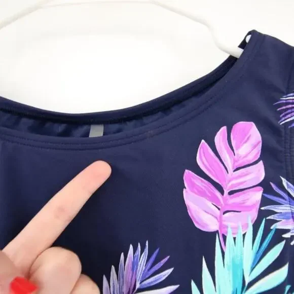 NWOT Lands End Navy Blue Tank Tankini Swim Top Palm Print Purple Size 12 - Picture 7 of 9